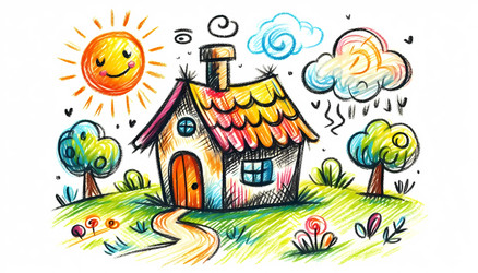A funny scene drawn with shaky, child‑like lines, featuring a house with a wobbly chimney and a crooked door, Ai generated image - yuyu