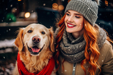 С Новым годом и Рождеством! Домашние животные. Женщина обнимает собаку породы ретривер. Осознанная жизнь с домашними животными, концепция любви к животным - PhotoJuli