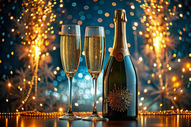 С Новым 2025 годом! Баннер к Рождеству и Новому году. Два бокала и бутылка шампанского, украшенные сверкающими огнями и гирляндами - PhotoJuli