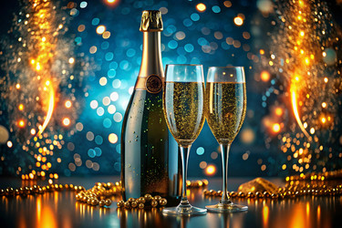 С Новым 2025 годом! Баннер к Рождеству и Новому году. Два бокала и бутылка шампанского, украшенные сверкающими огнями и гирляндами - PhotoJuli