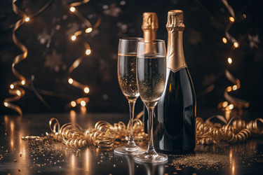 С Новым 2025 годом! Баннер к Рождеству и Новому году. Два бокала и бутылка шампанского, украшенные сверкающими огнями и гирляндами - PhotoJuli