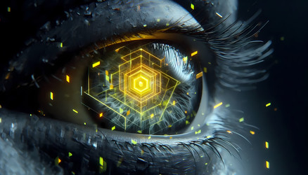 Футуристический искаженный глаз с неоново-желтым парящим графическим элементом и дымчато-серой дымкой, изображение, сгенерированное искусственным интеллектом - yuyu