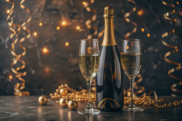 С Новым 2025 годом! Баннер к Рождеству и Новому году. Два бокала и бутылка шампанского, украшенные сверкающими огнями и гирляндами - PhotoJuli