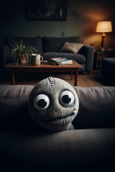 A creepy yet funny close‑up of a sock puppet with giant googly eyes peeking from behind a sofa, Ai generated image - yuyu