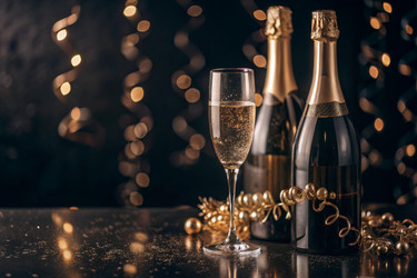 С Новым 2025 годом! Баннер к Рождеству и Новому году. Два бокала и бутылка шампанского, украшенные сверкающими огнями и гирляндами - PhotoJuli