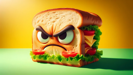 A close‑up of a sandwich with an angry scowl on its face, isolated on a bright background, Ai generated image - yuyu