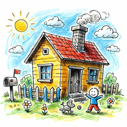 A funny scene drawn with shaky, child‑like lines, featuring a house with a wobbly chimney and a crooked door, Ai generated image - yuyu