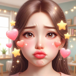A close‑up of a girl pouting with an animated filter of floating hearts and stars, in a brightly lit room, Ai generated image - yuyu