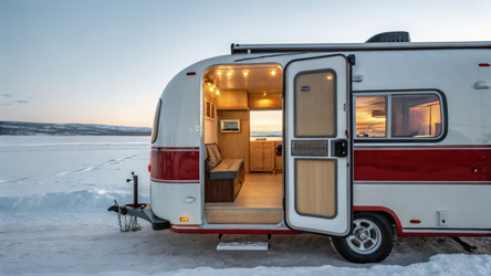 Полный вид открытой двери трейлера Airstream на фоне зимнего пейзажа. Генеративный ИИ - RomanZ