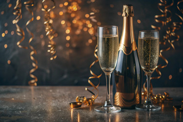 С Новым 2025 годом! Баннер к Рождеству и Новому году. Два бокала и бутылка шампанского, украшенные сверкающими огнями и гирляндами - PhotoJuli