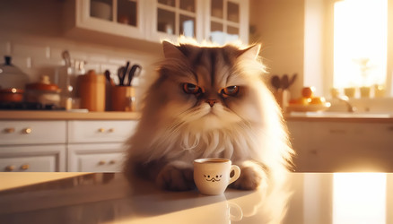 A cat with a grumpy, human‑like expression, holding a tiny coffee cup, sitting on a kitchen counter, Ai generated image - yuyu