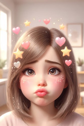 A close‑up of a girl pouting with an animated filter of floating hearts and stars, in a brightly lit room, Ai generated image - yuyu