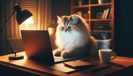 Сцена работы из дома: кот сидит за ноутбуком, печатает, смотрит на экран серьезным взглядом и сосредоточенно смотрит на объект. Изображение создано искусственным интеллектом - yuyu