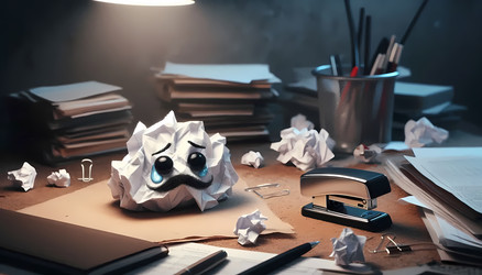 A crumpled piece of paper with a sad face and a stapler with a drawn‑on mustache on a messy desk, Ai generated image - yuyu