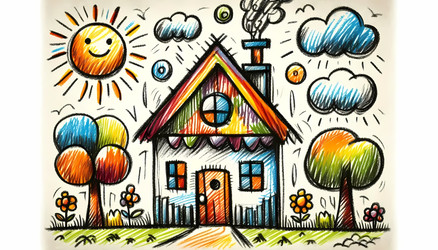 A funny scene drawn with shaky, child‑like lines, featuring a house with a wobbly chimney and a crooked door, Ai generated image - yuyu