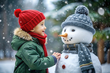 Счастливый ребенок играет со снегом. Очаровательный маленький мальчик лепит снеговика в сильный снегопад. Зимние развлечения для детей - PhotoJuli