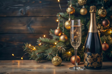 С Новым 2025 годом! Баннер к Рождеству и Новому году. Два бокала и бутылка шампанского, украшенные сверкающими огнями и гирляндами - PhotoJuli