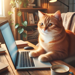 Сцена работы из дома: кот сидит за ноутбуком, печатает, смотрит на экран серьезным взглядом и сосредоточенно смотрит на объект. Изображение создано искусственным интеллектом - yuyu