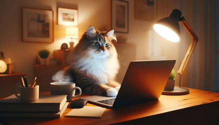 Сцена работы из дома: кот сидит за ноутбуком, печатает, смотрит на экран серьезным взглядом и сосредоточенно смотрит на объект. Изображение создано искусственным интеллектом - yuyu