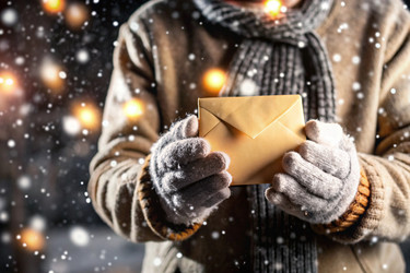 Маленькая девочка в зимней одежде держит конверт на улице в снежную погоду на фоне огней. Письмо для Санта-Клауса. Зимняя атмосфера праздничного приглашения - PhotoJuli