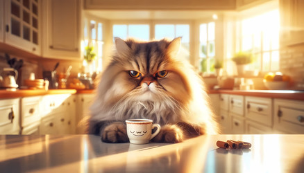 A cat with a grumpy, human‑like expression, holding a tiny coffee cup, sitting on a kitchen counter, Ai generated image - yuyu