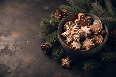 Домашние имбирные рождественские печенья в сахарной пудре. Вкусные имбирные печенья на фоне размытого фона из гирлянд рождественской елки. Свежеиспеченные рождественские имбирные печенья - PhotoJuli