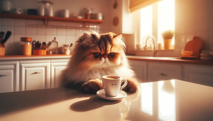 A cat with a grumpy, human‑like expression, holding a tiny coffee cup, sitting on a kitchen counter, Ai generated image - yuyu