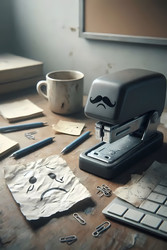 A crumpled piece of paper with a sad face and a stapler with a drawn‑on mustache on a messy desk, Ai generated image - yuyu