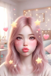 A close‑up of a girl pouting with an animated filter of floating hearts and stars, in a brightly lit room, Ai generated image - yuyu