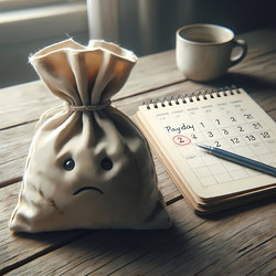 Мешок с деньгами, с грустным, опустошенным выражением лица, лежит на столе рядом с календарем, на котором обведена дата зарплаты. Изображение, сгенерированное искусственным интеллектом - yuyu