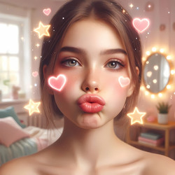 A close‑up of a girl pouting with an animated filter of floating hearts and stars, in a brightly lit room, Ai generated image - yuyu