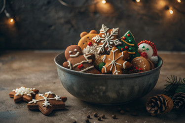 Домашние имбирные рождественские печенья в сахарной пудре. Вкусные имбирные печенья на фоне размытого фона из гирлянд рождественской елки. Свежеиспеченные рождественские имбирные печенья - PhotoJuli