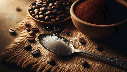 Деревянная ложка, наполненная горкой грубой коричневой кофейной гущи, вид сверху, изображение, созданное с помощью искусственного интеллекта - yuyu