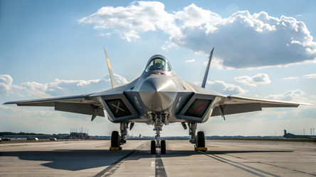 Высококачественный истребитель Микоян на взлетно-посадочной полосе на фоне облаков. Генеративный ИИ - RomanZ