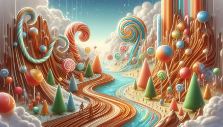 A surreal drawing of chocolate rivers and candy‑cane architecture, with tiny figures exploring, in a bright fantasy land, Ai generated image - yuyu