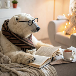 Белый медведь отдыхает в помещении в очках с книгой. Генеративный ИИ - RomanZ