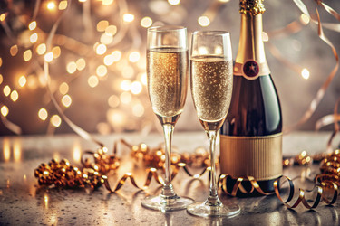 С Новым 2025 годом! Баннер к Рождеству и Новому году. Два бокала и бутылка шампанского, украшенные сверкающими огнями и гирляндами - PhotoJuli