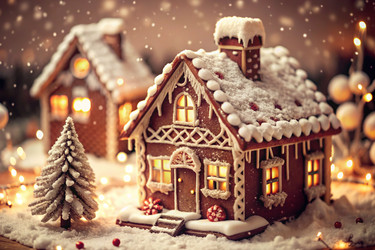 Концепция домашнего празднования Рождества или Нового года 2025, семейные традиции. Пряничные домики с глазурью и атмосферной подсветкой - PhotoJuli
