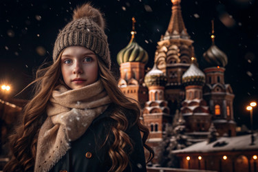 Портрет маленькой девочки в теплой куртке и шапке, идущей по зимним улицам города, крупный план ее лица. Зимний сезон - PhotoJuli