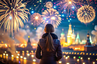 Девочка смотрит на фейерверк в ночном небе над Москвой. С Днем города! Праздничный фейерверк - PhotoJuli