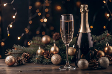 С Новым 2025 годом! Баннер к Рождеству и Новому году. Два бокала и бутылка шампанского, украшенные сверкающими огнями и гирляндами - PhotoJuli