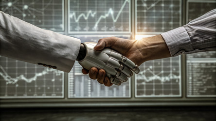 Бизнесмен пожимает руку роботу-мастеру искусственного интеллекта в офисе. Генеративный ИИ - RomanZ