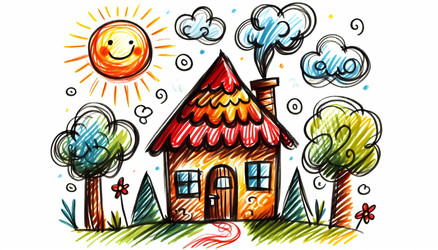 A funny scene drawn with shaky, child‑like lines, featuring a house with a wobbly chimney and a crooked door, Ai generated image - yuyu