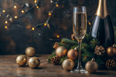 С Новым 2025 годом! Баннер к Рождеству и Новому году. Два бокала и бутылка шампанского, украшенные сверкающими огнями и гирляндами - PhotoJuli