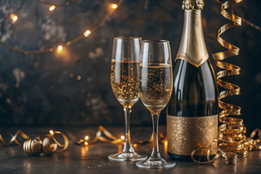 С Новым 2025 годом! Баннер к Рождеству и Новому году. Два бокала и бутылка шампанского, украшенные сверкающими огнями и гирляндами - PhotoJuli
