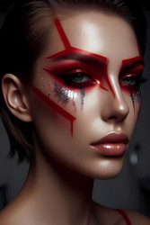 Смелый макияж для фотосессии с красными графическими линиями и серебряными блестящими слезами, изображение, созданное с помощью искусственного интеллекта - yuyu