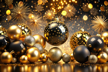 С Новым 2025 годом! Рождественский и новогодний баннер из золотых и черных стеклянных шаров в виде рождественской елки, с местом для текста - PhotoJuli