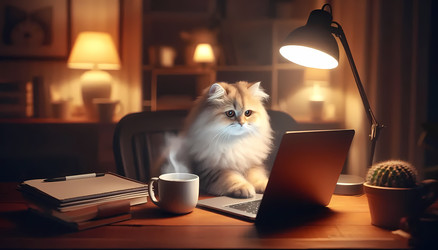 Сцена работы из дома: кот сидит за ноутбуком, печатает, смотрит на экран серьезным взглядом и сосредоточенно смотрит на объект. Изображение создано искусственным интеллектом - yuyu