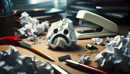 A crumpled piece of paper with a sad face and a stapler with a drawn‑on mustache on a messy desk, Ai generated image - yuyu