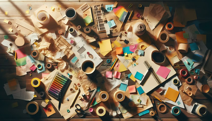 A scrapbook‑style image of a messy desk with sticky notes, coffee stains, and scattered pens, in a creative studio, Ai generated image - yuyu